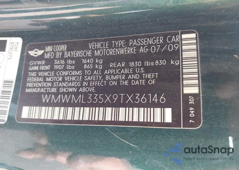 2009 Mini Cooper Clubman z USA, uszkodzony, nr VIN WMWML335X9TX36146